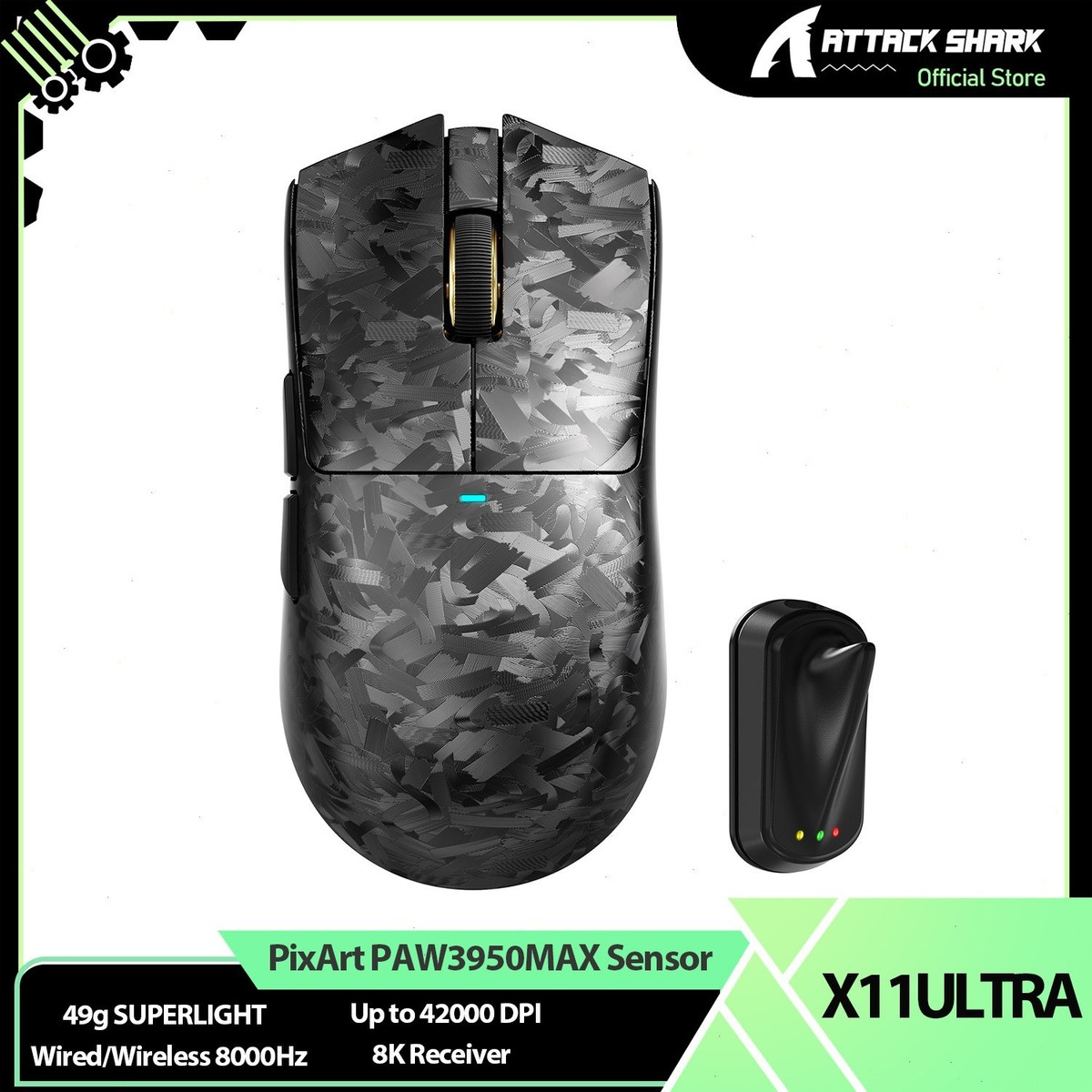 ATTACK SHARK X11Ultra 8K Carbon Fiber Wireless Gaming Mouse with
