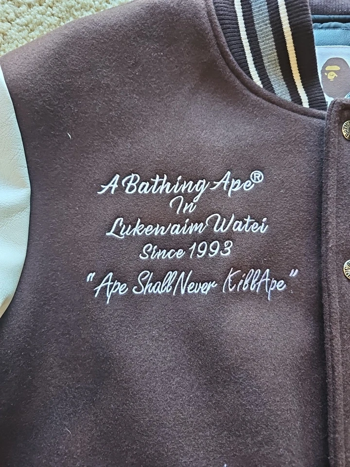Bape A Bathing Ape Varsity Brown Full-Snap Wool/Leather Jacket Size XXL - Image 3 of 4