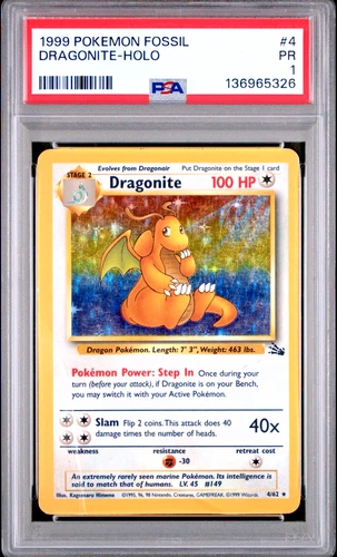 PSA 1 PR 1999 Pokemon Fossil Dragonite Holo 4/62 Holo Foil WOTC Unlimited