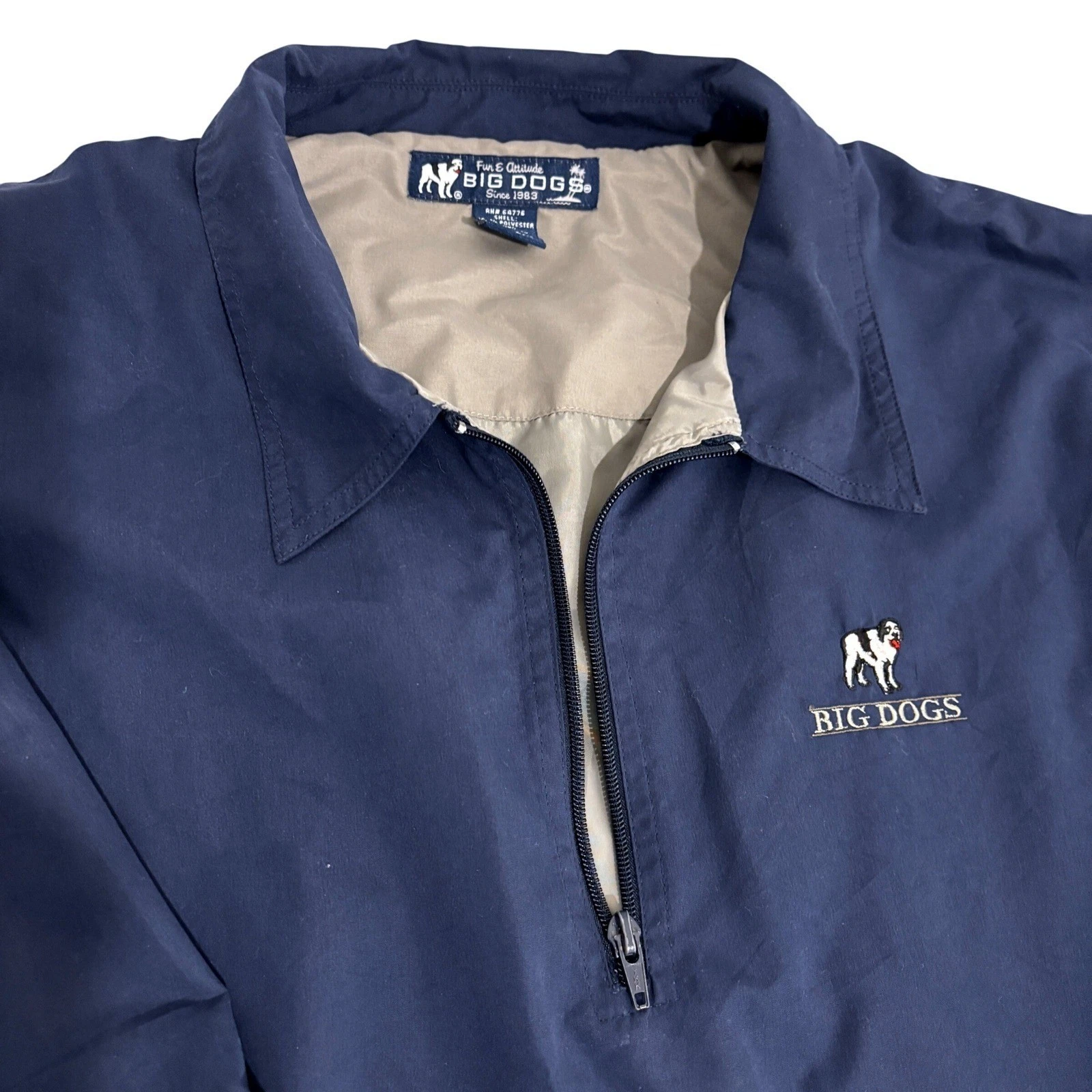 Big Dogs Quarter Zip Pullover Windbreaker Mens XL Navy Blue Saint Bernard Logo