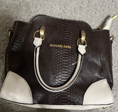 Michael Kors Brown White Textured Satchel Gold leather Snake Skin