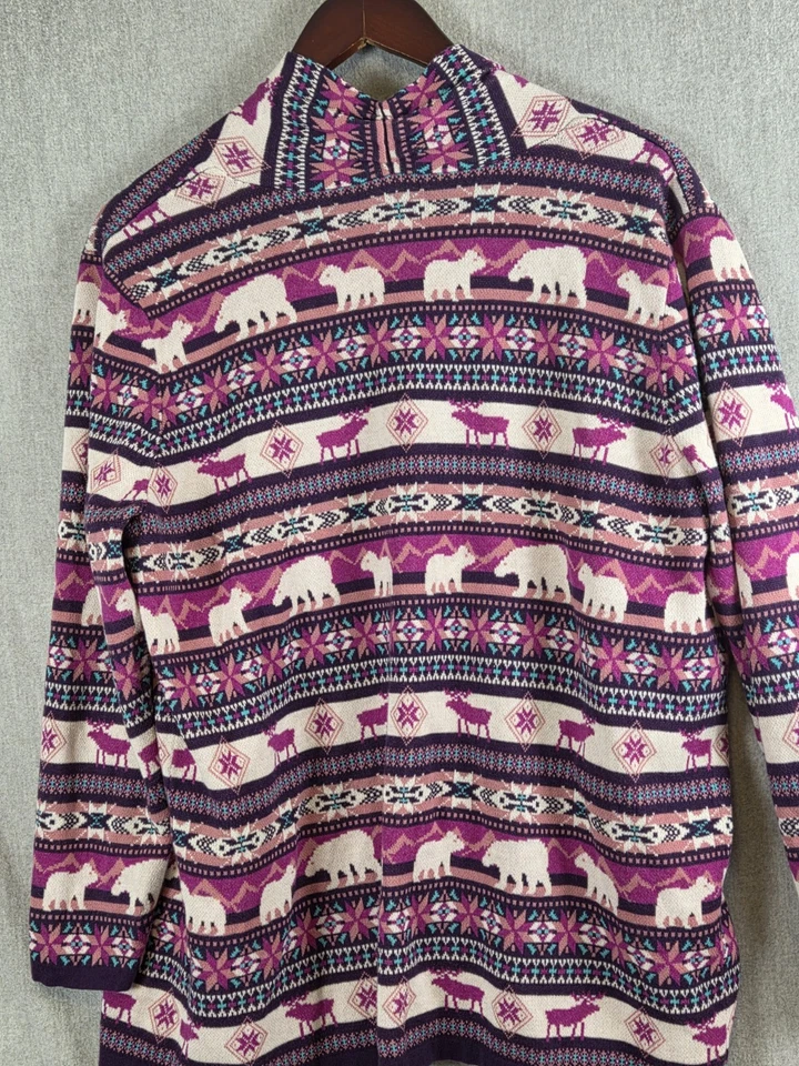 Suéter Lands End XL Púrpura Rosa Fair Isle Cárdigan Abierto Bosque Animales Nórdico Foto 4 de 4