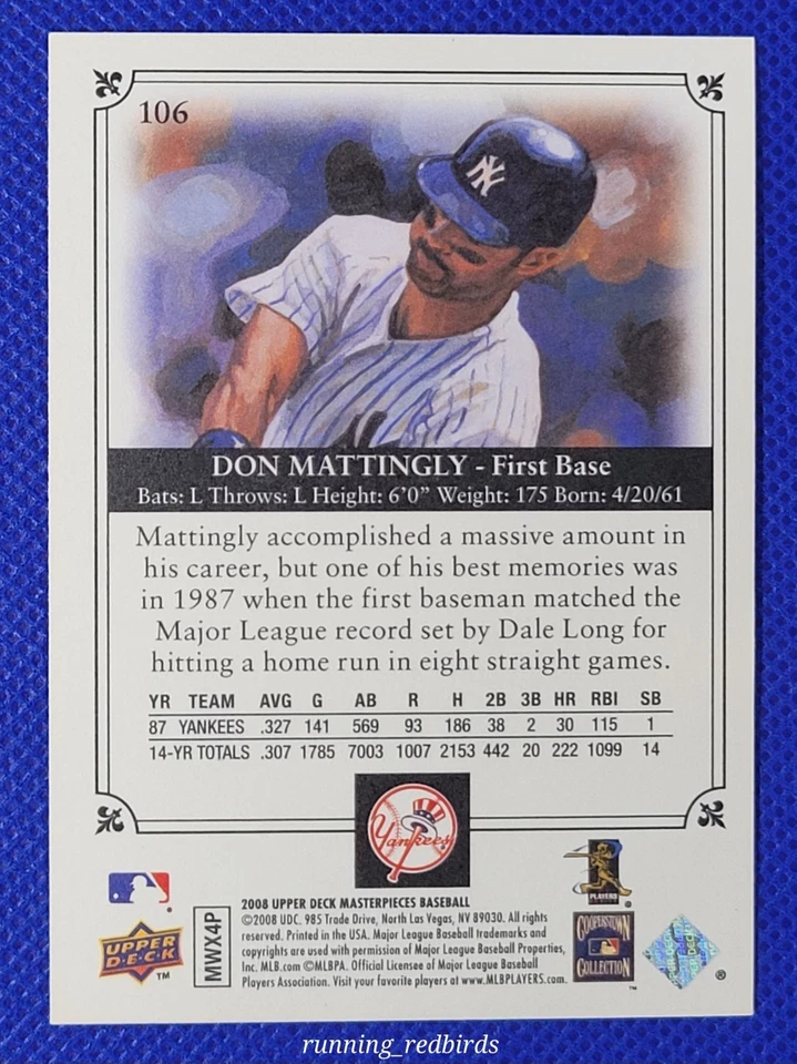 2008 Upper Deck Masterpieces SP Don Mattingly #106 - Short Print - 10+ Ship FREE - Image 2 of 2