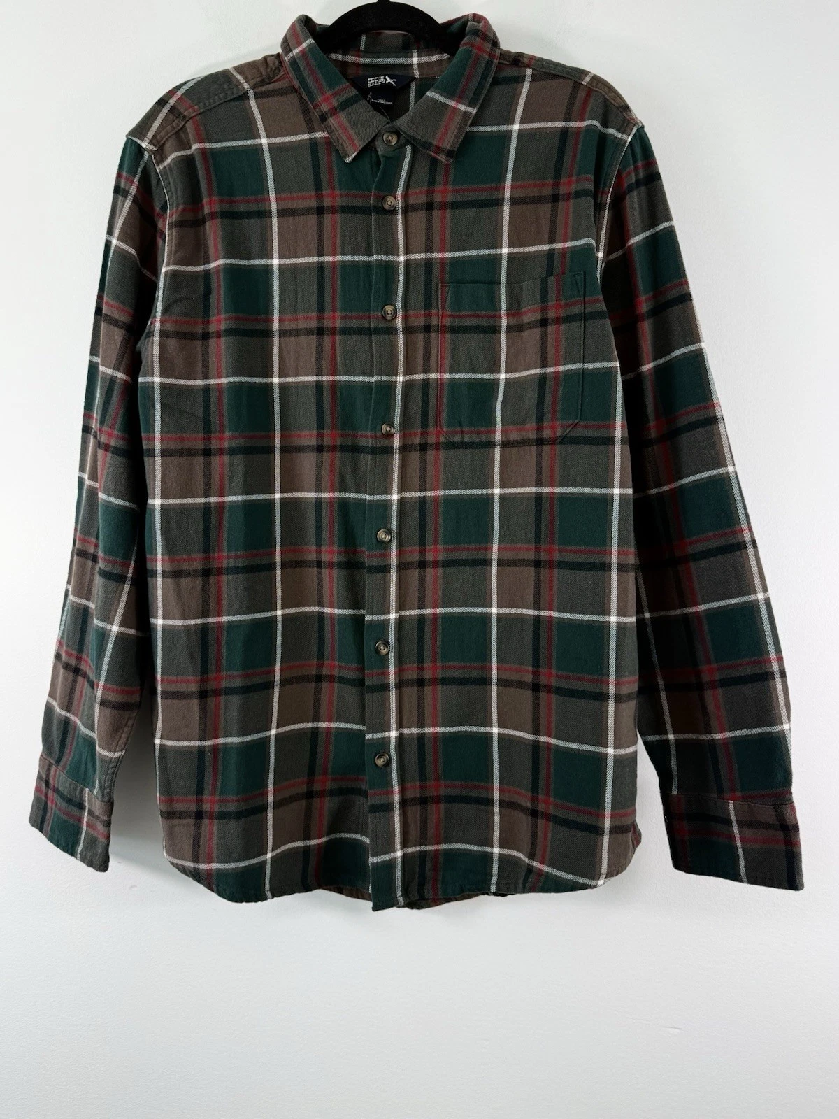 Eddie Bauer Flannel Shirt Mens Large Brown Green Plaid Button Up Long Sleeve New