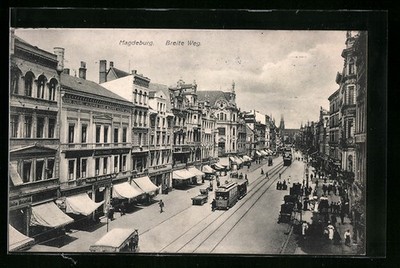 Postcard Magdeburg, street wide way with tram 1909 