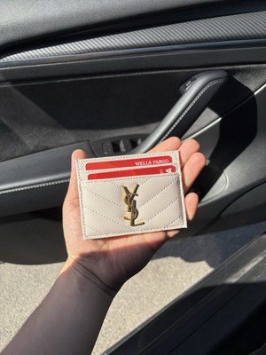 Yves Saint Laurent White/Beige Gold Studded Leather Cardholder