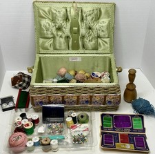 Vintage Dritz Woven Sewing Basket Full Mixed Lot Sewing Supplies W/ Darning Egg