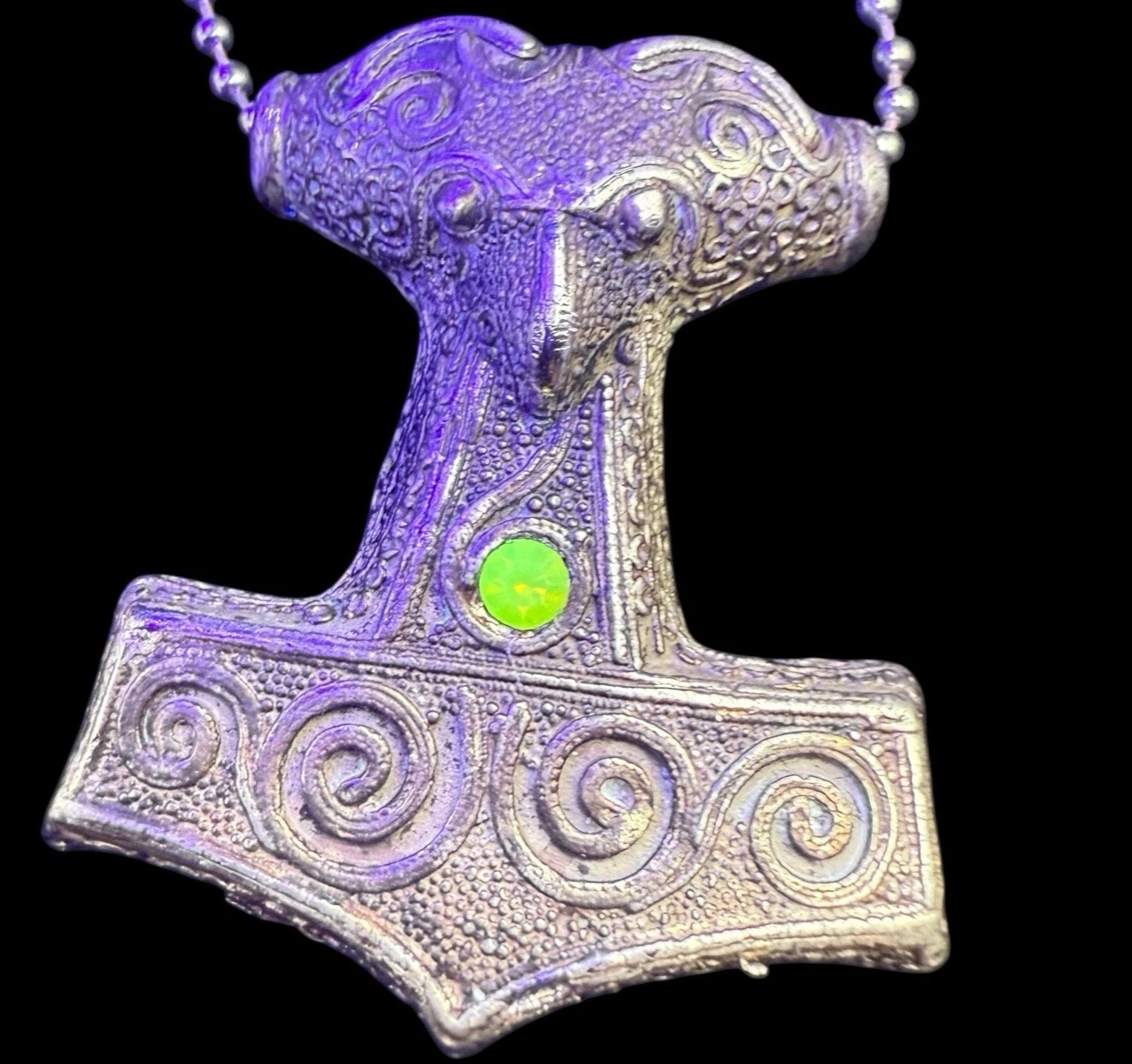 Rare Pewter Thor’s Hammer Mjolnir Necklace w/ Genuine Czech Uranium Glass Gem
