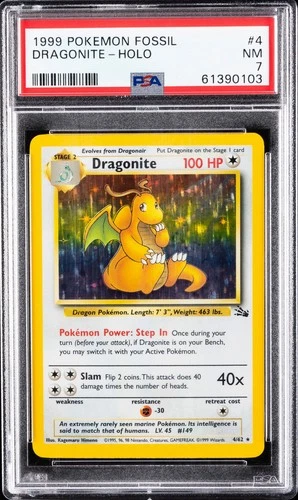 1999 POKEMON FOSSIL #4 DRAGONITE-HOLO PSA 7