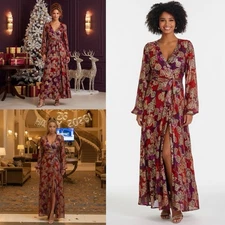 BOSTON PROPER Holiday Fleurs Red Gold Metallic Printed Wrap Maxi Dress XS S? NWT