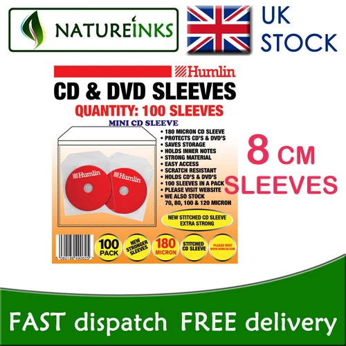 100 Humlin mini 8cm cd dvd disc plastic heat sealed sleeves with flap 180 micron