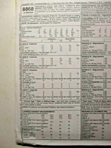 McCall 8868 Wild West Cowboys 1997 Retired Boys Girls 18 Costume Patterns Pieces - Picture 2 of 5