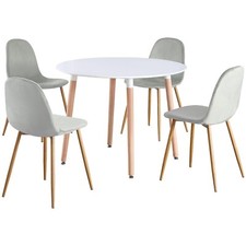 Round 4 Seat White Dinner Table and Grey Velvet Chair Scandi Kitchen Dining Set