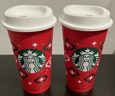 Starbucks Plastic Christmas Red Holiday 16oz Reusable Coffee Tumbler LOT of 2