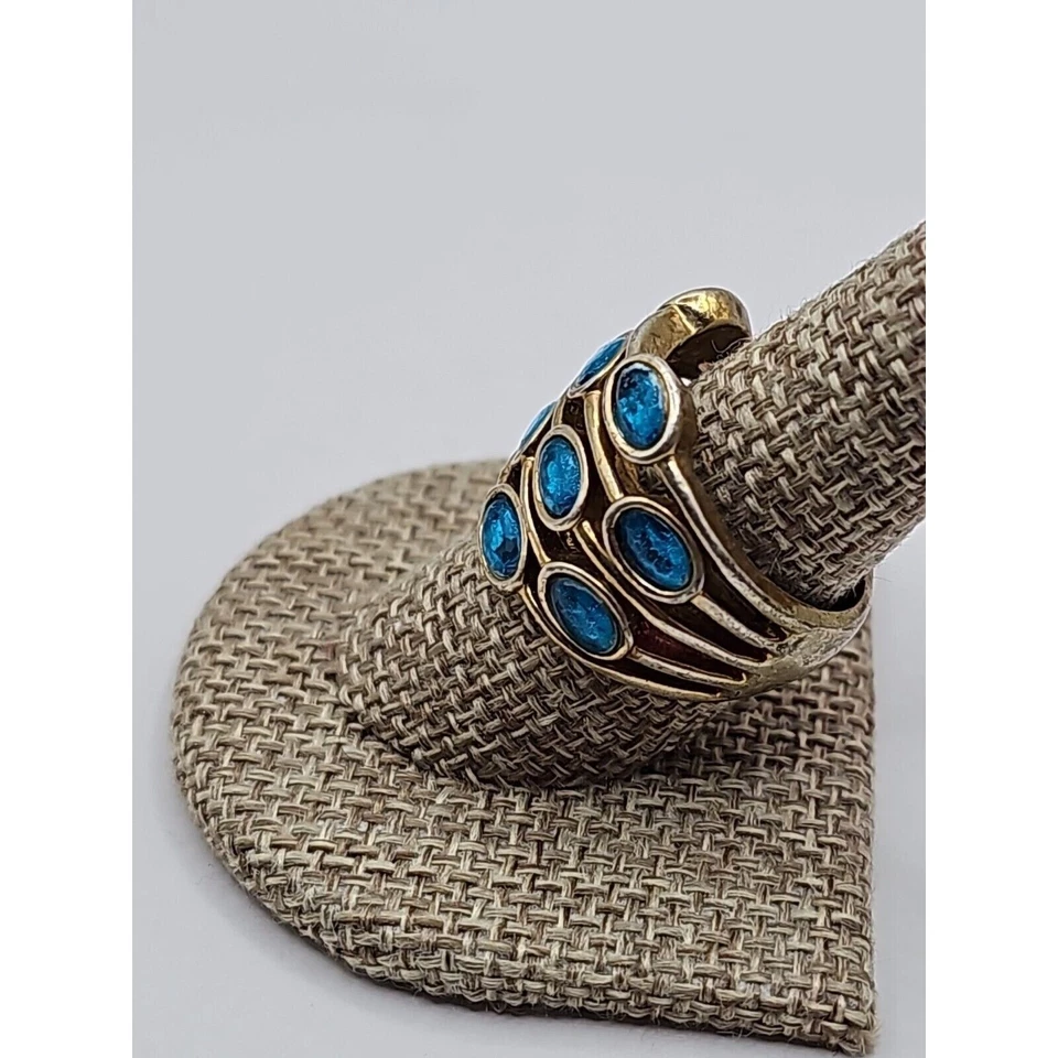 Ring Size  9 Gold  Tone  Blue plastic Stones - Image 2 of 4