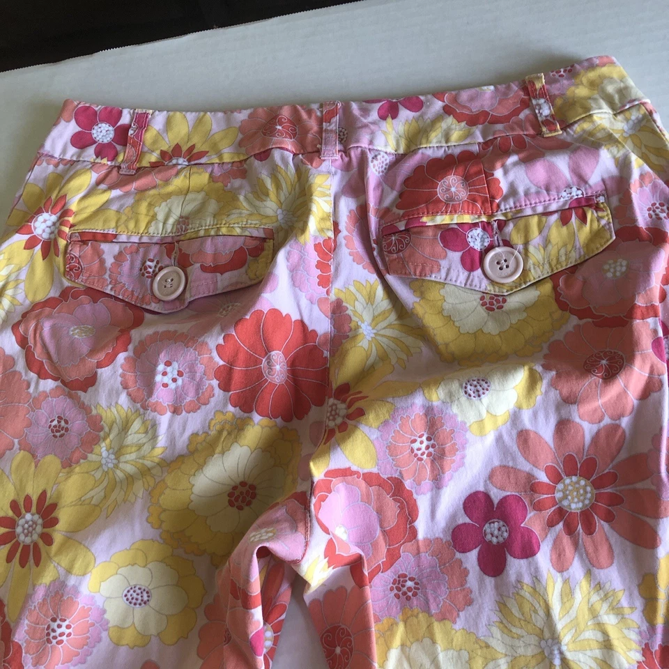 Izod Pink Yellow Retro Mod Vintage Floral Crop Capri Pants Sz 10 A1315 Foto 4 de 4