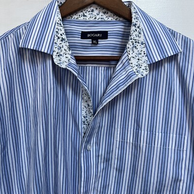 bogari dress shirt Bogari Men's Size XL Blue White Striped Button Down Dress Shirt