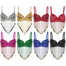 Women Crop Top Stage Bra Sequin Vest Halloween Tops Performance Blouse Tassels