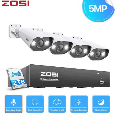 ZOSI 5MP PoE Überwachungskamera Set Außen 4K 2TB NVR Farbnachtsicht Audio H265+