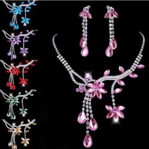 Set collier orecchini a perno strass fiori gocce set gioielli orecchini catena strass - Foto 1 di 6