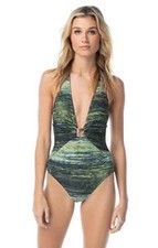  120 Vince Camuto Plunge Halter One Piece Hardware Midnight Waves Deep Sea 12