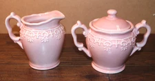 PINK PORCELAIN CREAM & SUGAR BOWL WITH LID VICTORIAN LACE PATTERN