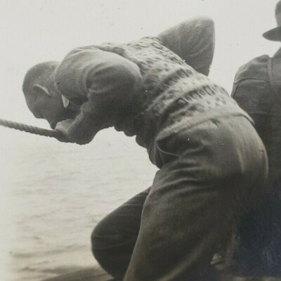 Oregon Deep Sea Fishing Trip Man Sweater Boat Ship Rope Railing 1925 Photo J183