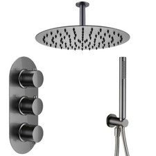 Gunmetal Round Triple Concealed Thermostatic Shower Mixer Valve Kit - 2 Outlet