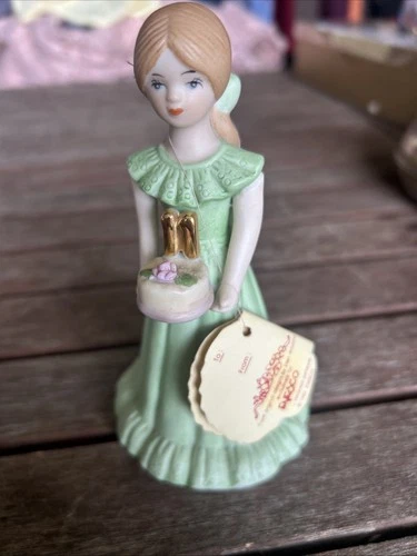 1982 Enesco Growing Up Birthday Girls Figurine Age 11 Brunette  Green Dress Cake