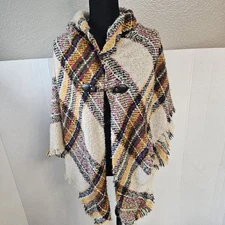 Womens Plaid Poncho Shawl Sweater Toggle Closure Multicolored Casual Preppy S386
