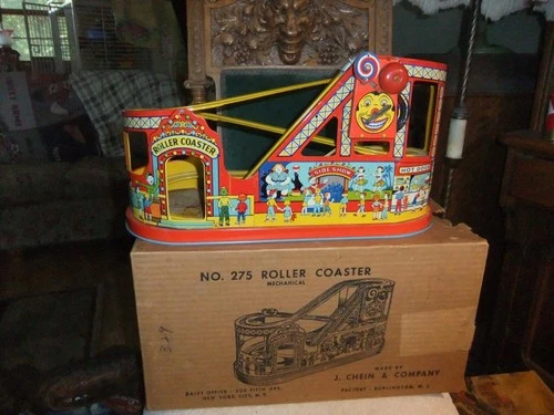 Vintage J. Chein Tin Litho Wind Up Roller Coaster with Box (Nice!) 1950s