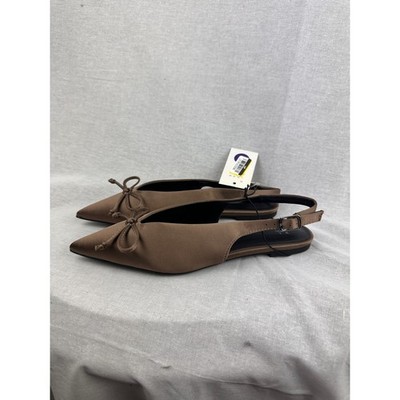A New Day Camille Slingback Flats Taupe Satin Pointed Toe Bow Shoes Womens 6 NEW