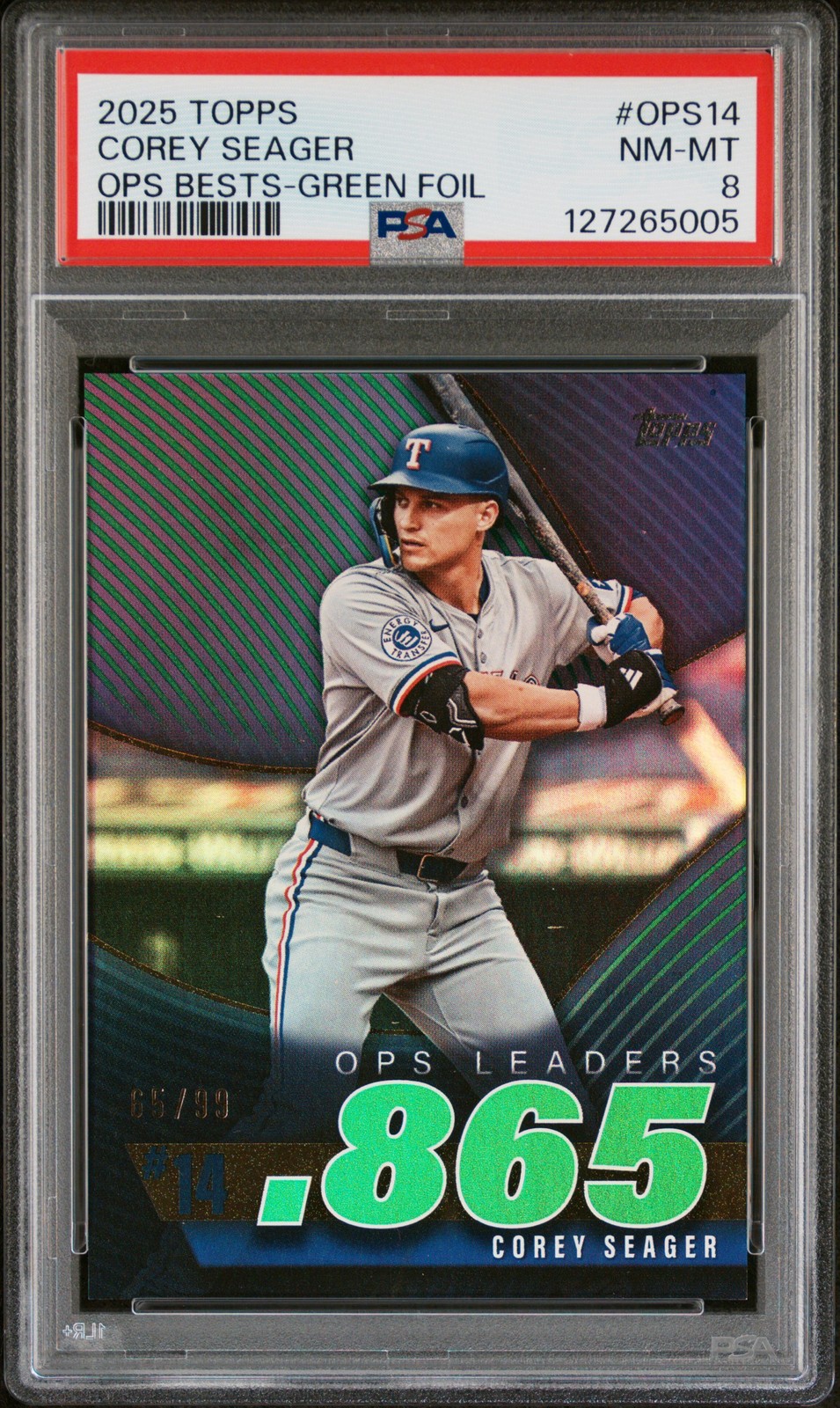 2025 TOPPS OPS BESTS GREEN FOIL #OPS14 COREY SEAGER 65/99 PSA 8
