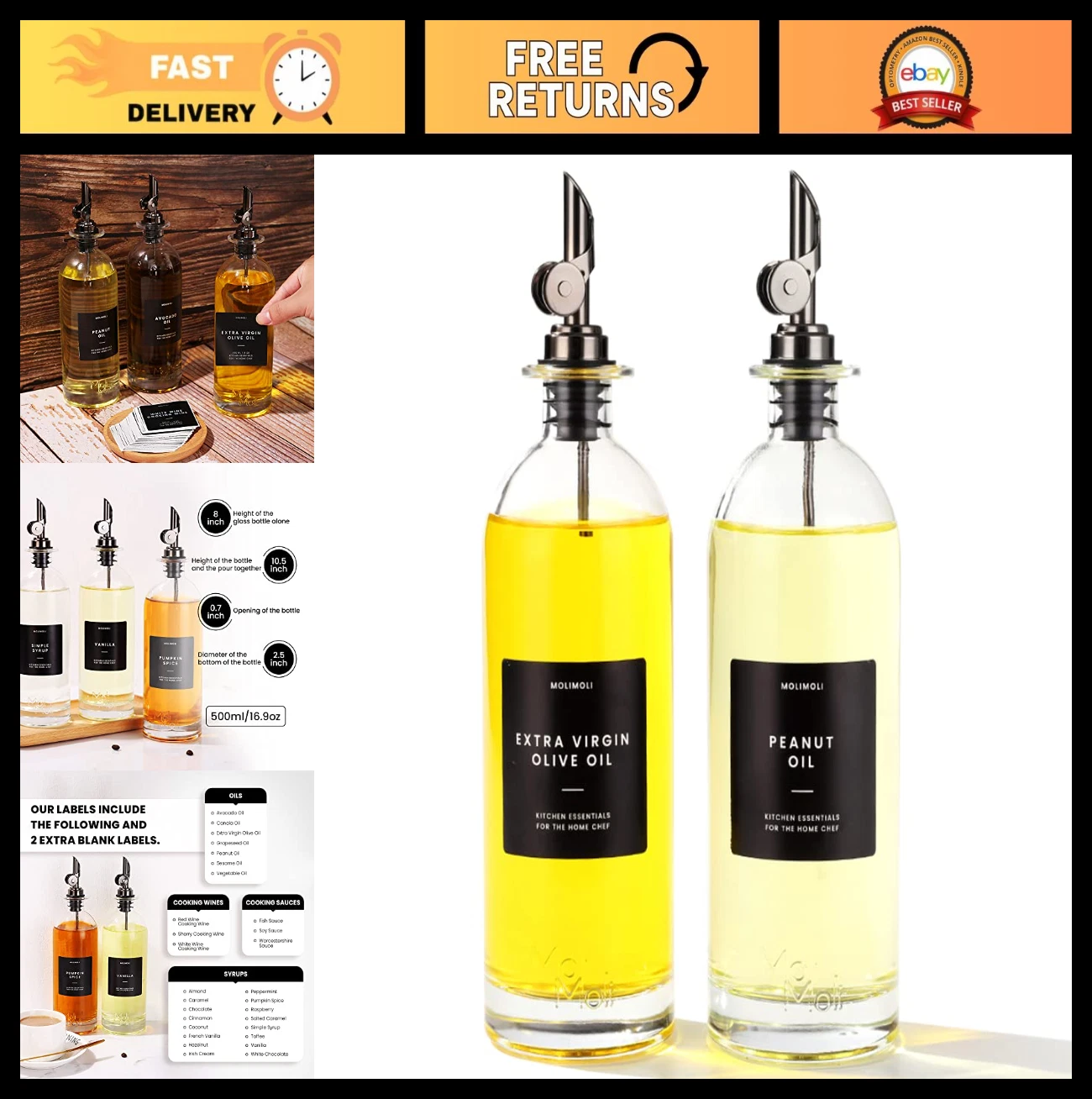 Oil and Vinegar Dispenser Set of 2 - Glass Bottles with Metal Pour Spout, 500ml