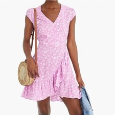 J CREW Ruffle Front Mini Dress in Soft Rayon Bubblegum Floral Size 2 Faux Wrap