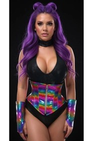 Rainbow Glitter Holographic Steel Boned Under Bust Waist Cincher Rave Festival