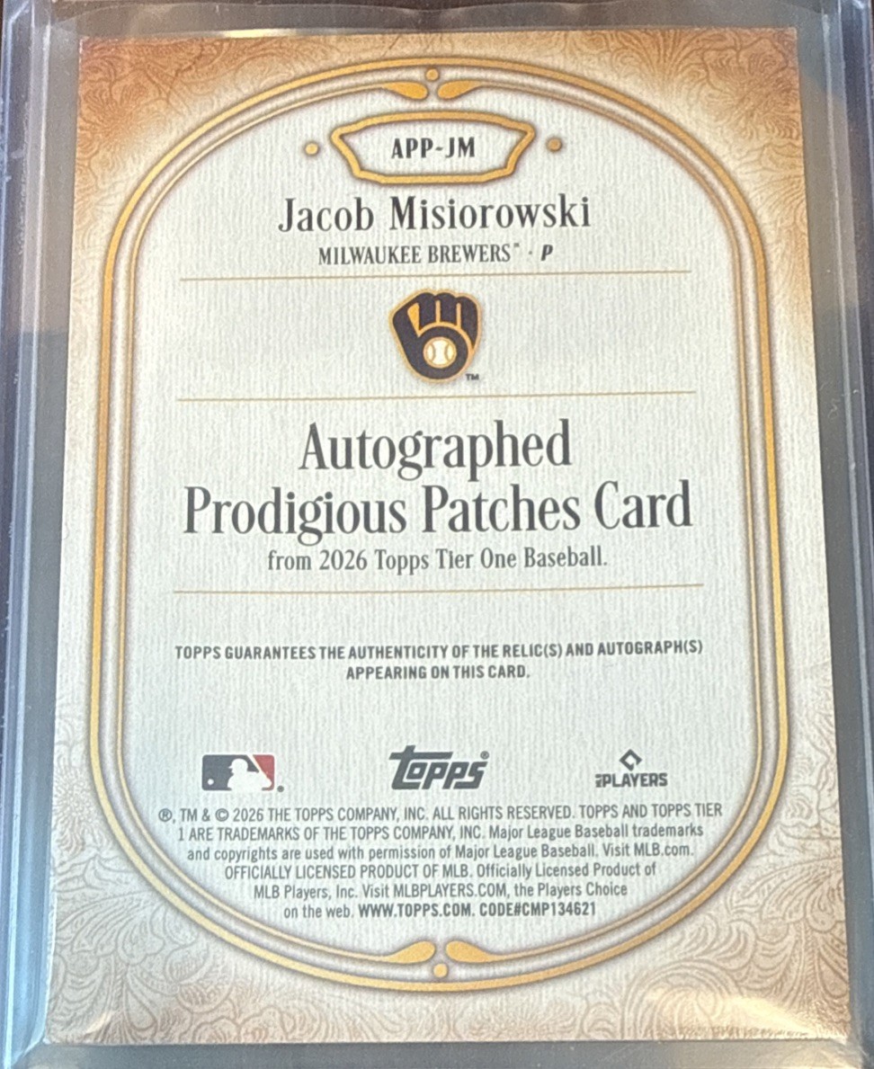 2026 Topps Tier One Jacob Misiorowski RC Rookie Prodigious Patches Auto /10 view 2