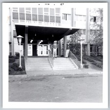 Vtg B&W Snapshot Men Standing Outside Modern Building Entrance Steps Jun 1967