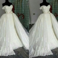Elegant Wedding Dresses with Detachable Train Lace Bow Sweep Train Bridal Gowns