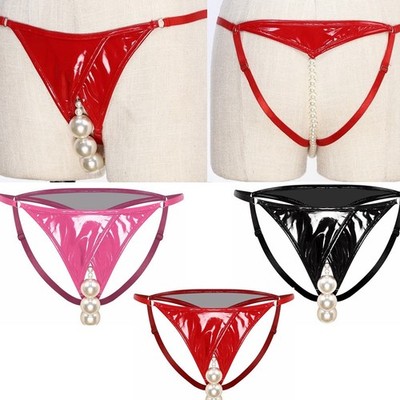 Womens Sexy Faux Pearls G-String Leather Wetlook Intimate Massage Chain Thongs