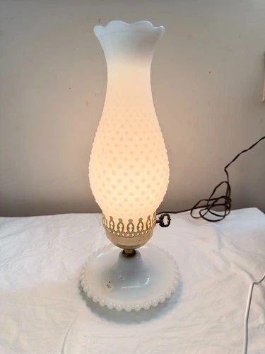 Vintage White Hobnail Milk Glass Hurricane Lamp WORKS!