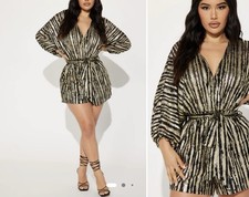 Fashion Nova Women’s S Gold/Black Animal Print V-Neck Mini Dress Long Sleeve