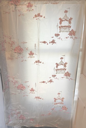 Vtg Mid Century Kitsch Vinyl Bathroom Shower Curtain Pink Parisian Pair 33x54