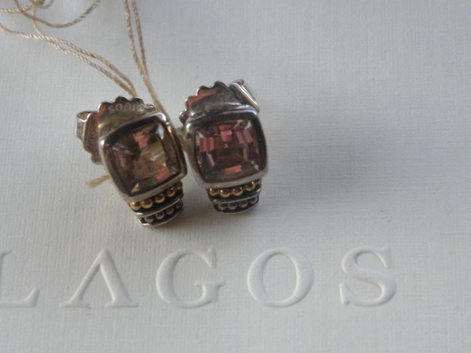 Juego de bisel de caviar LAGOS topacio blanco plata de ley con detalles de 18 k aretes Foto 2 de 4