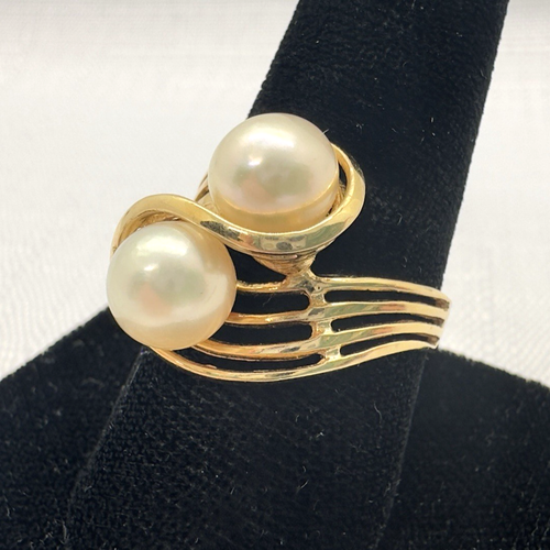 Vintage 14k Gold Cultured Pearl Toi Et Moi Openwork Modernist Wave Ring Size 9 - Picture 6 of 13