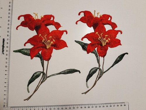 DIY 2 Red Daffodil Flower Patch Sew On Embroidered Embroidery Badge Craft - Picture 5 of 7