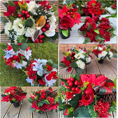 Weihnachten Kunstblumen Gesteck im Grabtopf Gedenkkranz Handarbeit