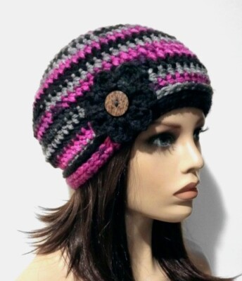 handmade crochet womans flower hat beanie simply pink raspberry new