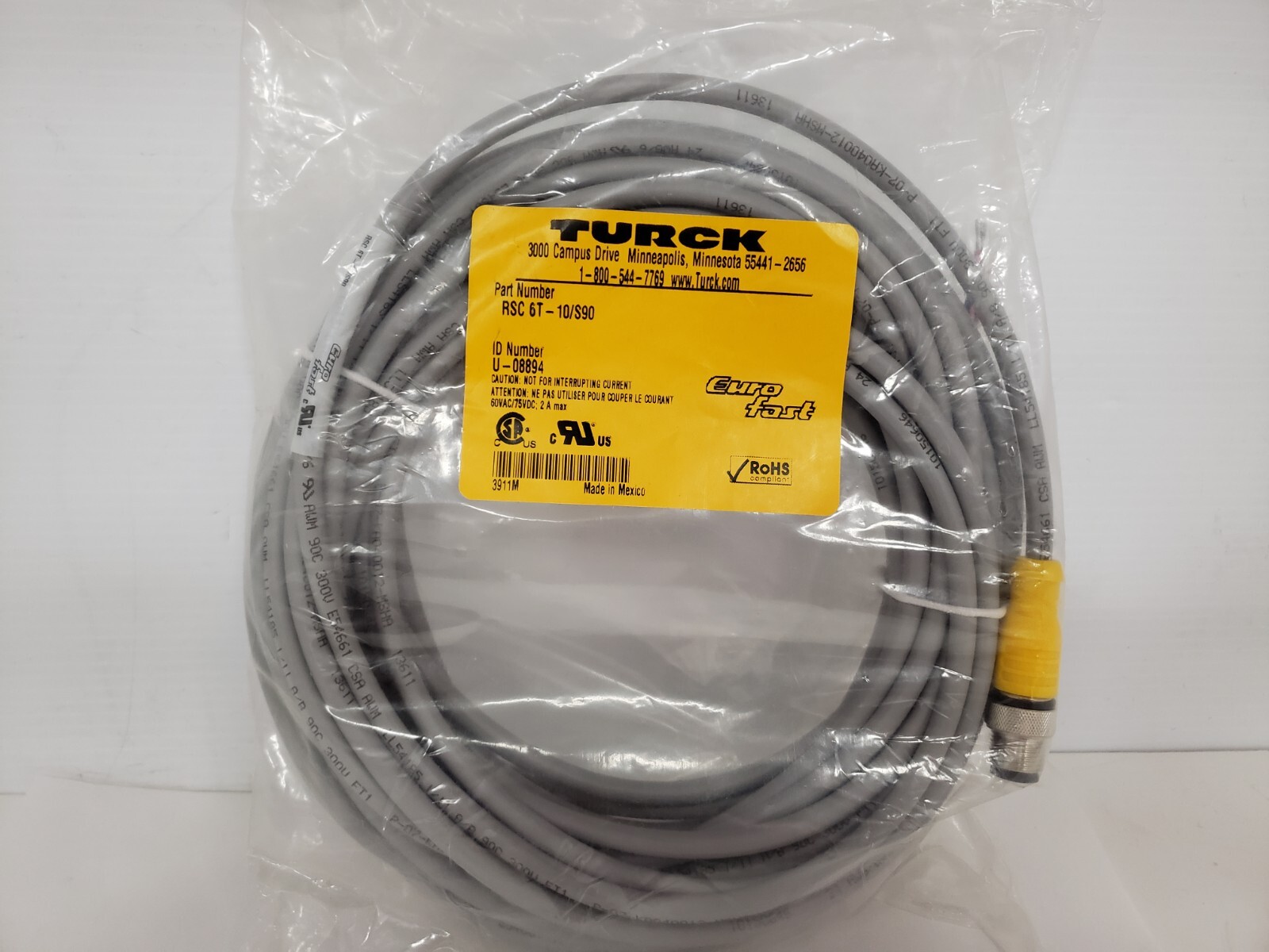 TURCK RSC 6T-10/S90 CORDSET M12 EUROFAST SINGLE ENDED 6 PIN (U-08894) NIB