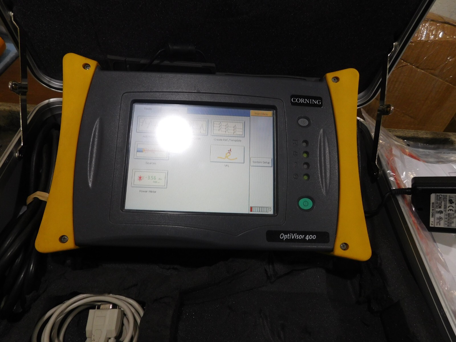 Corning OptiVisor 400 Mini-OTDR with Manual and Pictured Accessories.